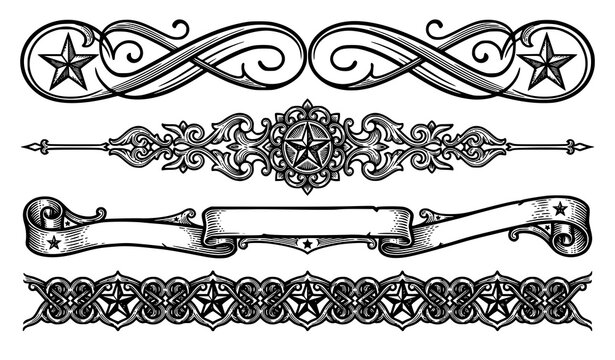 Ornate calligraphic star divider vectors vector illustration featuring luxury Victorian horizontal borders baroque filigree scrolls and vintage engraving shapes