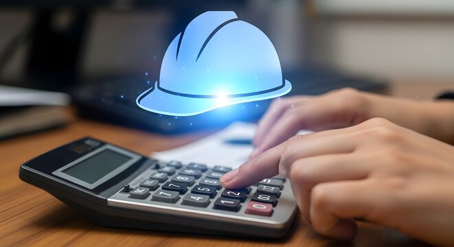 Professional contractor calculating construction project costs using a calculator with a hard hat in the background