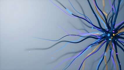 Obraz premium 3D Abstract Neuron Cell with Glowing Axons and Synapses, Artificial Intelligence and Neural Network Concept