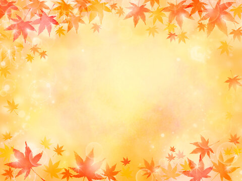 赤いもみじとキラキラ光る秋の紅葉フレーム　水彩の背景 コピースペース付き素材