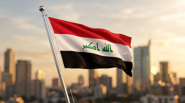 Iraq national flag waving on metal flagpole against blurred urban city skyline at golden sunset light