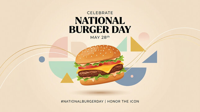 National Burger Day celebration banner, June 28th fast food holiday design with cheeseburger, minimalist geometric shapes and vector art composition