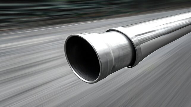 distortion. Shiny silver exhaust pipe against a background of speed lines and heat waves. mobility guides, transit brochures, designed for transport & logistics marketing, improves user orientation.