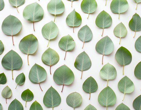 Eucalyptus leaves scattered on white background, fresh green round and oval foliage with visible stems, natural botanical pattern flat lay, top view minimalist herbal composition