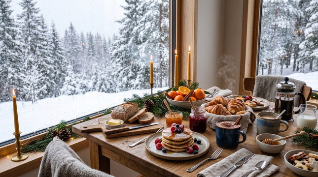Cozy winter cabin breakfast feast table set by large panoramic snow view window&mdash;featuring a wooden dining table laden with a stack of syrup-drenched pancakes topped with berries, fresh croissants, art