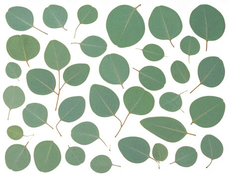 Scattered arrangement of green eucalyptus leaves on white background, loose botanical pattern with round and oval silver dollar leaves in natural green tones