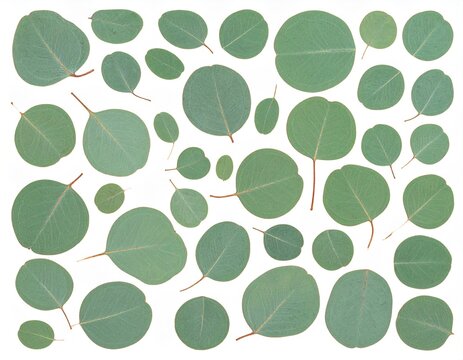 Seamless pattern of green eucalyptus leaves scattered on white background, natural botanical texture with round silver dollar eucalyptus foliage in various sizes