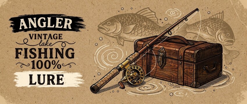 Vintage fishing rod and reel leaning against a wooden tackle box. Retro illustration with fish sketches on a textured paper background. Classic angling theme for outdoor sport marketing and decor.