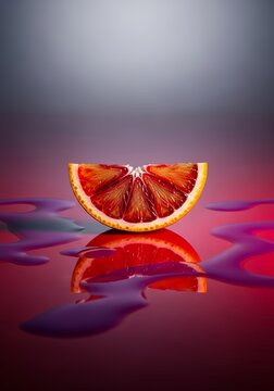 A vibrant blood orange slice floats atop an ultra-glossy deep crimson surface with dramatic purple and red reflections on a clean backdrop, reflection, commercial, vivid
