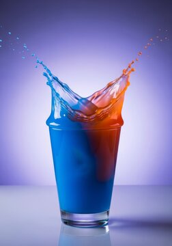 A vibrant drink floats effortlessly within a blue glass, mimicking its form with a dynamic splash crown in ultraviolet and neon orange tones, gradient, photography, colorful