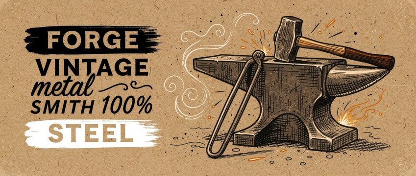Vintage blacksmith forge illustration with anvil and hammer. Hand-drawn engraving style on craft paper with sparks. Craftsmanship concept for workshop branding and signage.