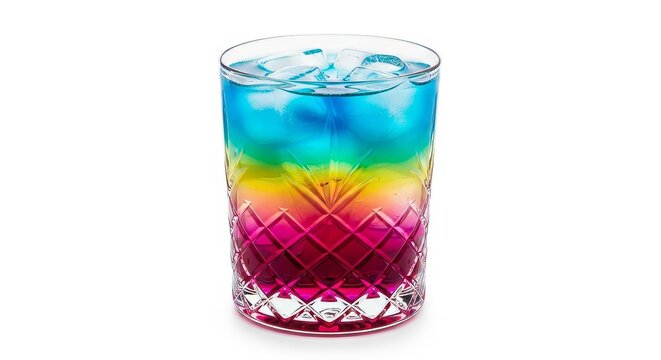 A vibrant multi-layered liqueur cocktail with magenta, yellow, and blue gradients in a crystal glass with ice cubes on white background, festive, mixology, thirst