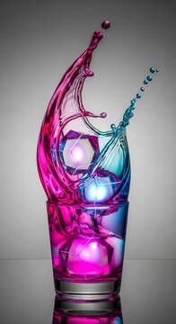 A vibrant neon cocktail in a glass features a high-speed splash of glowing pink and blue liquid with geometric ice cubes on gray background, glowing, cybernetic, liquid