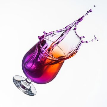 A vibrant purple and orange cocktail glass floats in mid-air with an explosive, artistic splash of liquid against a clean white background, colorful, liquid, mid-air