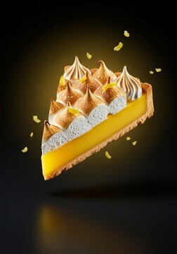 A vibrant yellow lemon tart slice floats in the air, featuring glossy meringue peaks and golden studio lighting with scattered candied peel, custard, strips, levitation
