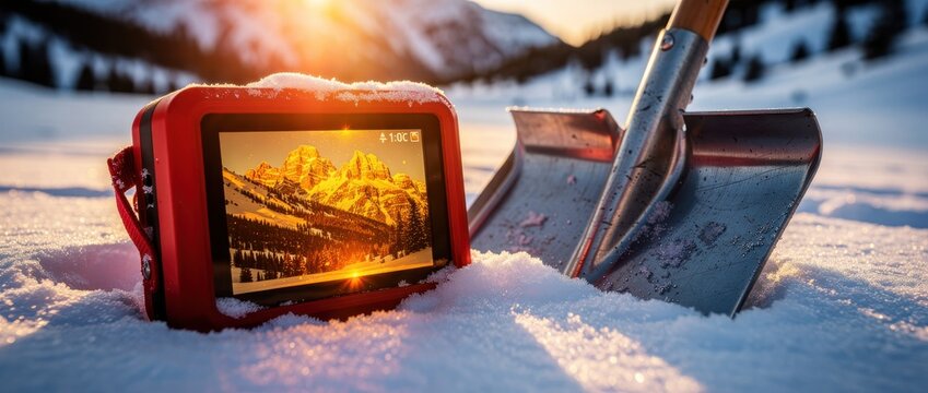 Action camera and snow shovel resting in deep snow during a winter sunset. Rugged electronic device captures mountain landscape views in freezing conditions. Winter adventure and technology concept.