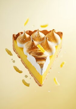 A vibrant yellow lemon tart slice floats in the air, featuring glossy meringue peaks and golden studio lighting with scattered candied peel, professional, strips, culinary