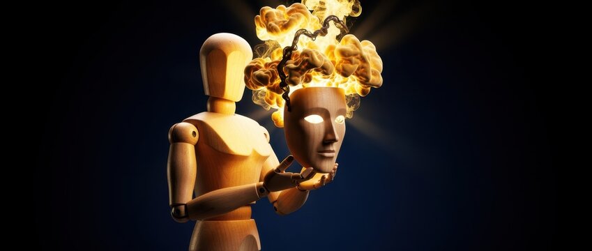 Wooden mannequin holding a face mask with fiery clouds erupting from the head. Surreal lighting highlights themes of identity and internal struggle. Concept of burnout and mental health awareness.