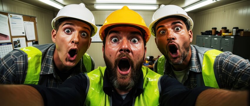 Three construction workers in hard hats looking shocked. Men showing extreme surprise inside an industrial office trailer. Workplace humor and safety concept for marketing campaigns.