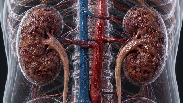 3D Medical Illustration of Human Kidneys and Renal System Anatomy Showing Chronic Kidney Disease Pathology