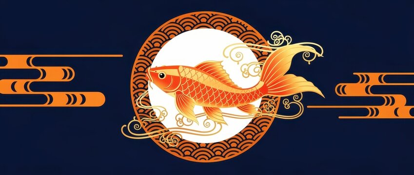 Orange koi carp jumping before a white sun on dark blue background. Traditional Japanese wave patterns and clouds surround the golden fish. Oriental art concept for prosperity and cultural themes.