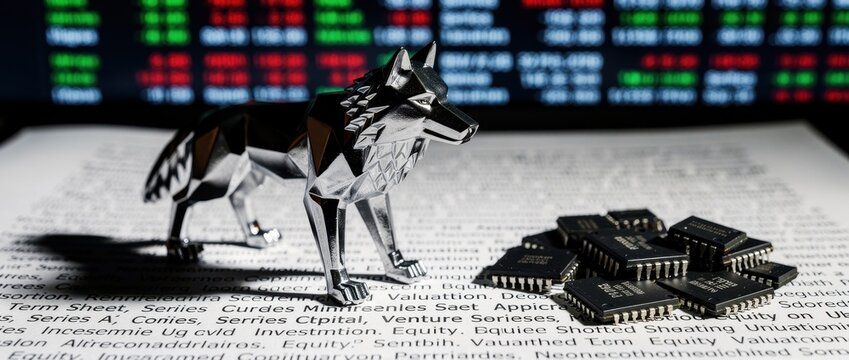 Wolf figurine with microchips on investment documents. Metal predator represents aggressive technology stock market trading. Financial tech and venture capital concept for semiconductor growth.