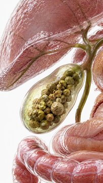 3D Medical Illustration of Gallstones in Gallbladder with Liver and Intestinal Anatomy for Healthcare Education