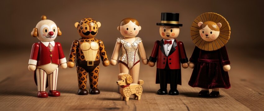 Row of hand-painted wooden circus figurines standing on a rustic floor. Characters include a clown, leopard man, acrobat, and ringmaster. Vintage toy concept for nostalgic circus marketing.