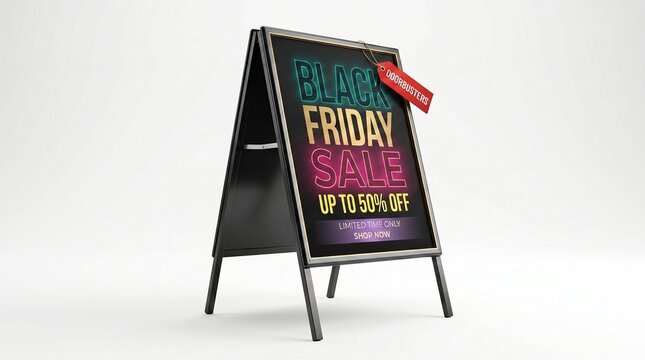 Black Friday sale sandwich board with neon text on white background. Promotional sidewalk sign advertising discount offer. Retail marketing display for shopping event and store promotion.