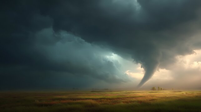 A massive tornado forms over a vast open field under a dark and ominous stormy sky