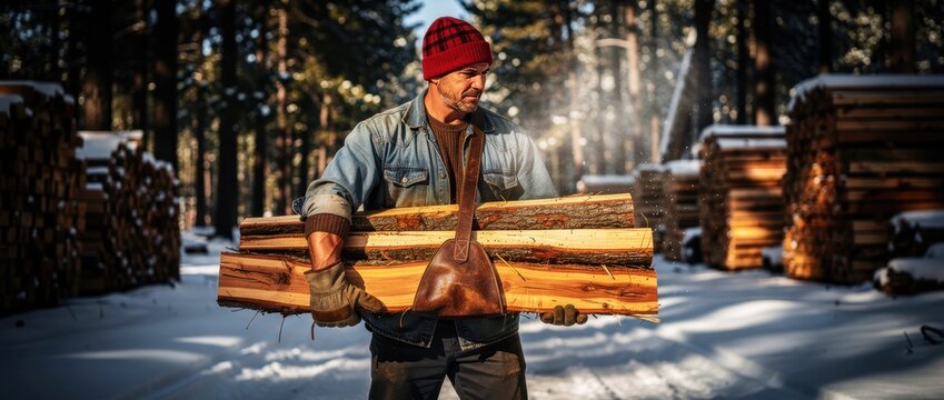 Man carrying split firewood in a snowy forest. Rugged lumberjack using a leather carrier to transport logs through a winter timber yard. Winter heating and outdoor labor concept for energy themes.