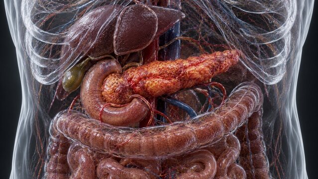 Anatomical 3D Render of Human Digestive System Highlighting the Pancreas, Liver, and Intestines in a Translucent Body