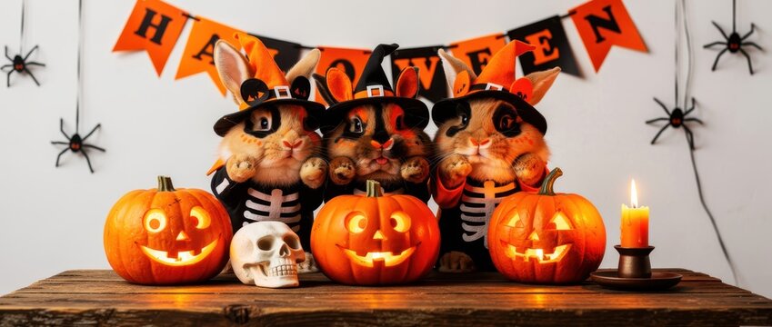 Three rabbits in skeleton costumes and witch hats with lit jack-o'-lanterns. Festive bunny Halloween scene featuring spooky makeup and skull decor. Whimsical seasonal marketing concept.