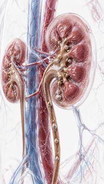 3D Medical Illustration of Human Kidneys with Kidney Stones in Renal Pelvis and Ureter on White Background