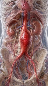 Detailed 3D Medical Illustration of Abdominal Aortic Aneurysm AAA with Kidneys Heart and Vascular System