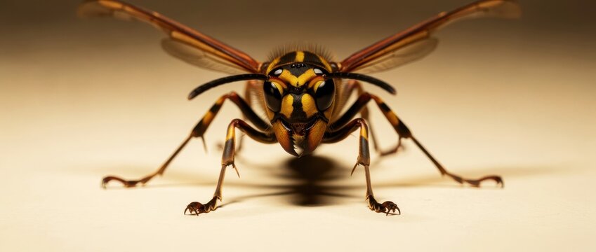 Extreme close-up of a wasp facing forward. Detailed view of head, mandibles, and striped patterns. Entomology concept for pest control and nature education.
