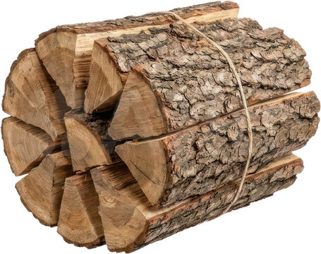 Bundle of split firewood logs tied with rope.