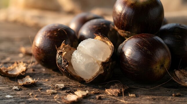 Fresh Palmyra Palm Fruit or Ice Apple with Peel Open on Rustic Wooden Table