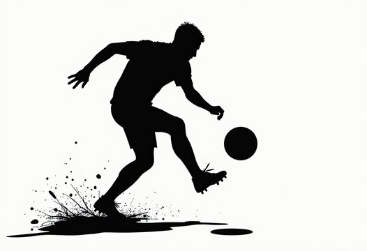Silhouette of soccer player kicking ball with dynamic motion and splash effect