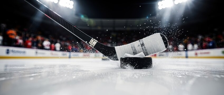 Hockey stick hitting a puck on ice in a stadium. Close-up action shot with ice spray and professional arena lighting. Sports competition concept, ideal for hockey marketing and editorials.