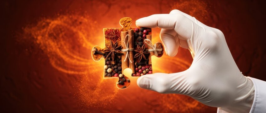 Gloved hand holding a puzzle piece filled with diverse aromatic spices. Various culinary ingredients forming a jigsaw shape on a glowing background. Ideal for food science and flavor marketing.
