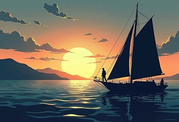 Naklejka premium Sailboat glides across calm waters as sun sets behind distant mountains