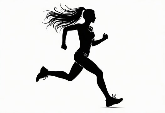 Silhouette of woman running with long hair flowing behind her