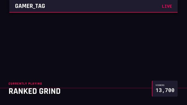 Modern live stream overlay with dynamic viewer count rapidly increasing on a dark minimalist background, featuring 'RANKED GRIND' game title and 'LIVE' indicator, symbolizing online gaming engagement
