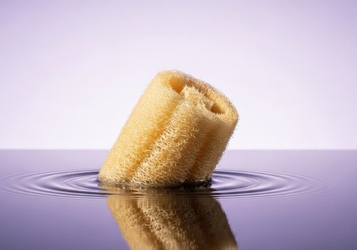 A natural loofah sponge emerging from calm glassy water against a pale lavender backdrop, creating soft ripples in a minimalist studio, pastel, hygiene, botanical