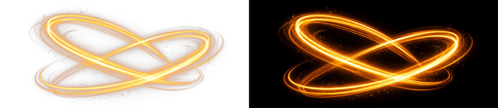 Set of golden elliptical light trails with glowing sparks on dark background