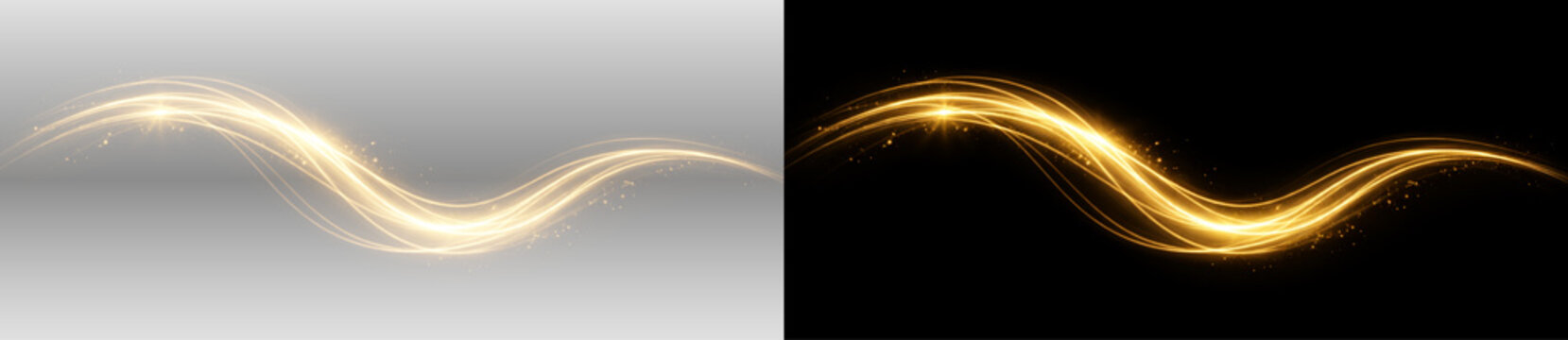 Golden curved light trail waves with sparkling glowing particles on dark background