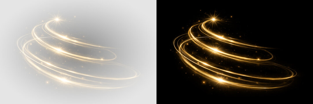 Golden spiral light trails with starbursts and glowing sparkles on dark background