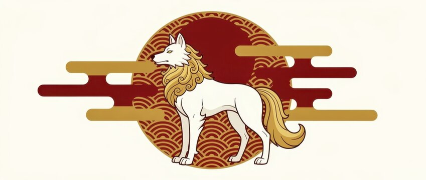 White mythical wolf with golden mane standing in front of a red sun. Traditional Japanese art style featuring wave patterns and clouds. Cultural folklore aesthetic for oriental design projects.