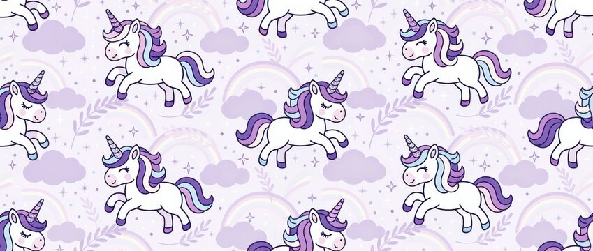 Cute unicorn seamless pattern with rainbows and clouds. Vector illustration features jumping unicorns on purple backdrop. Magical fantasy theme ideal for nursery wallpaper and kids' textile designs.